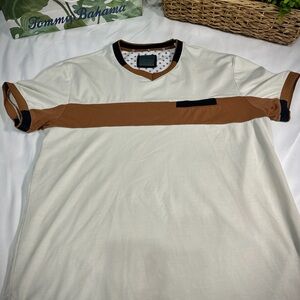 Asher Jones London Men's Cream and Brown V-Neck Shirt size M